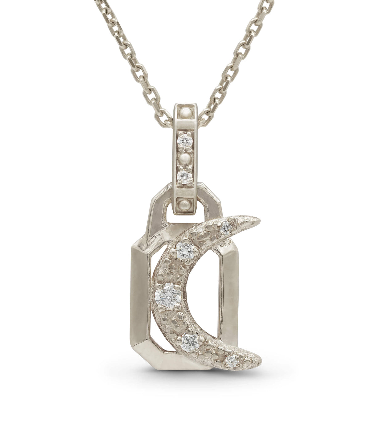 AMULETHA symbolic luxury jewelry gifting - Crescent Amulet - white gold with diamonds - front