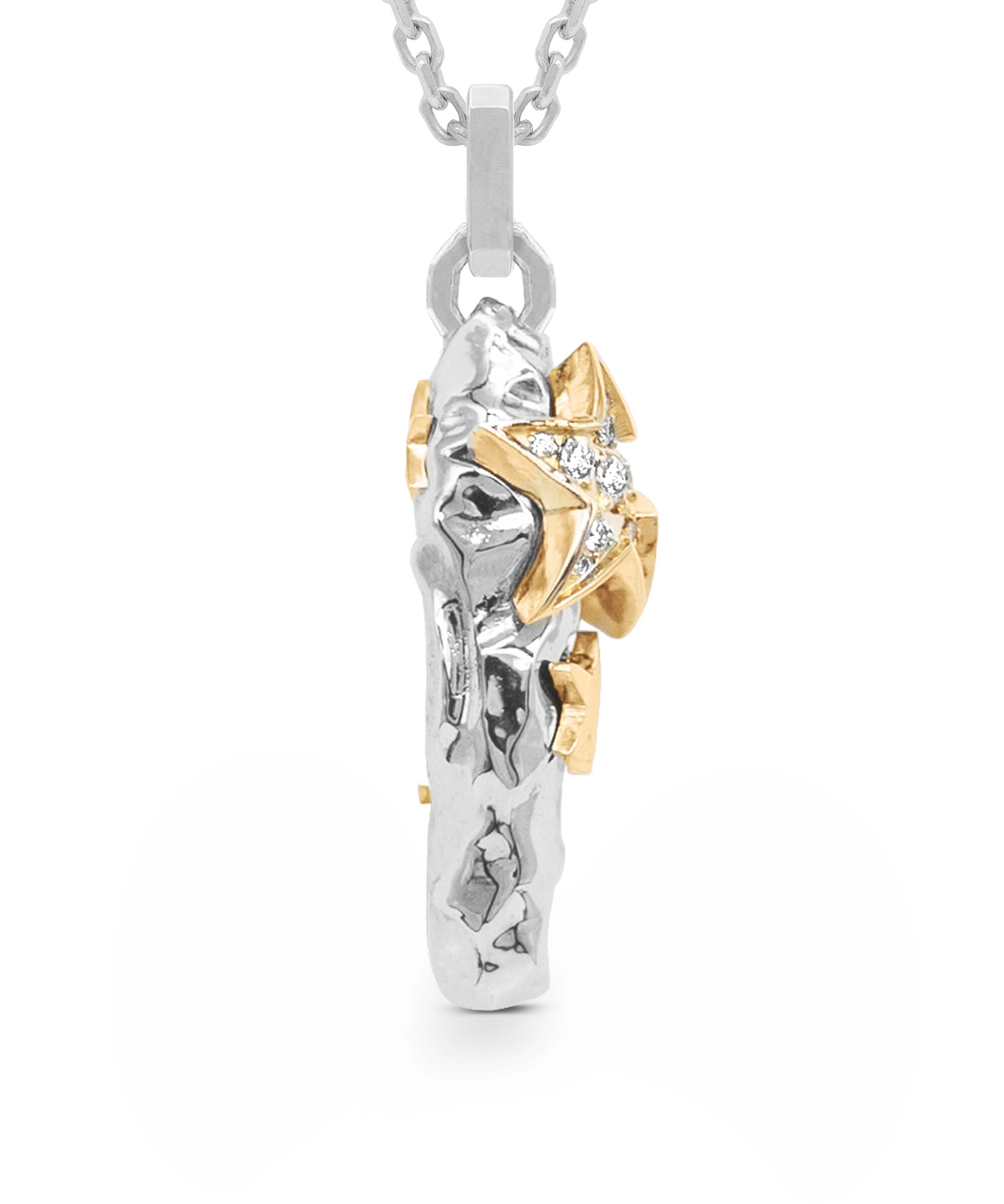 AMULETHA symbolic luxury jewelry gifting - Space Rock Amulet - sterling silver - yellow gold with diamonds - front