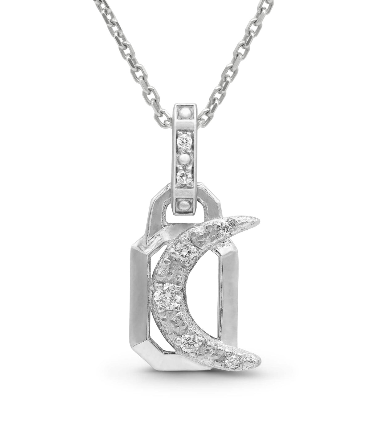 
AMULETHA symbolic luxury jewelry gifting - Crescent  Amulet - sterling silver with diamonds - front