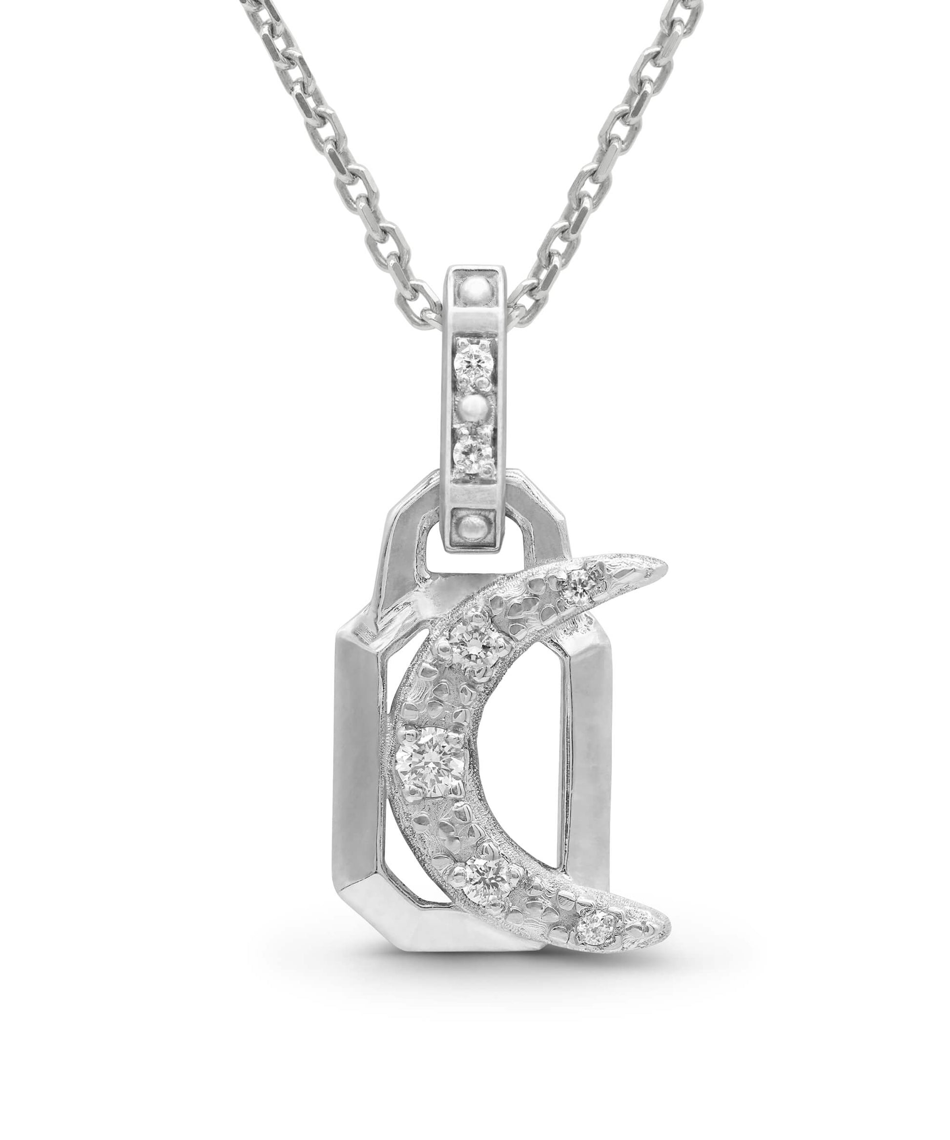 
AMULETHA symbolic luxury jewelry gifting - Crescent  Amulet - sterling silver with diamonds - front