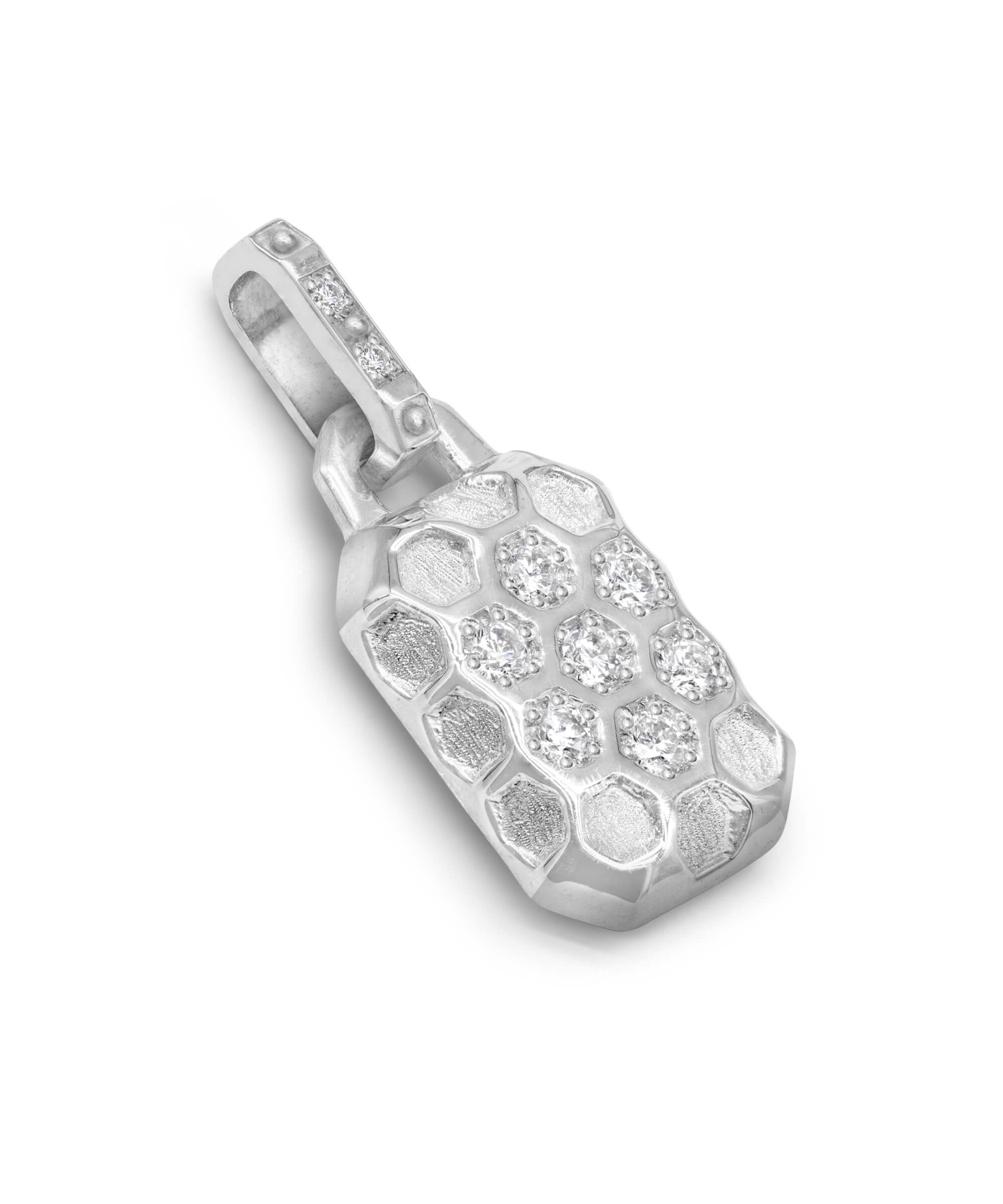 AMULETHA symbolic luxury jewelry gifting - Honeycomb Amulet - sterling silver with diamonds - side front