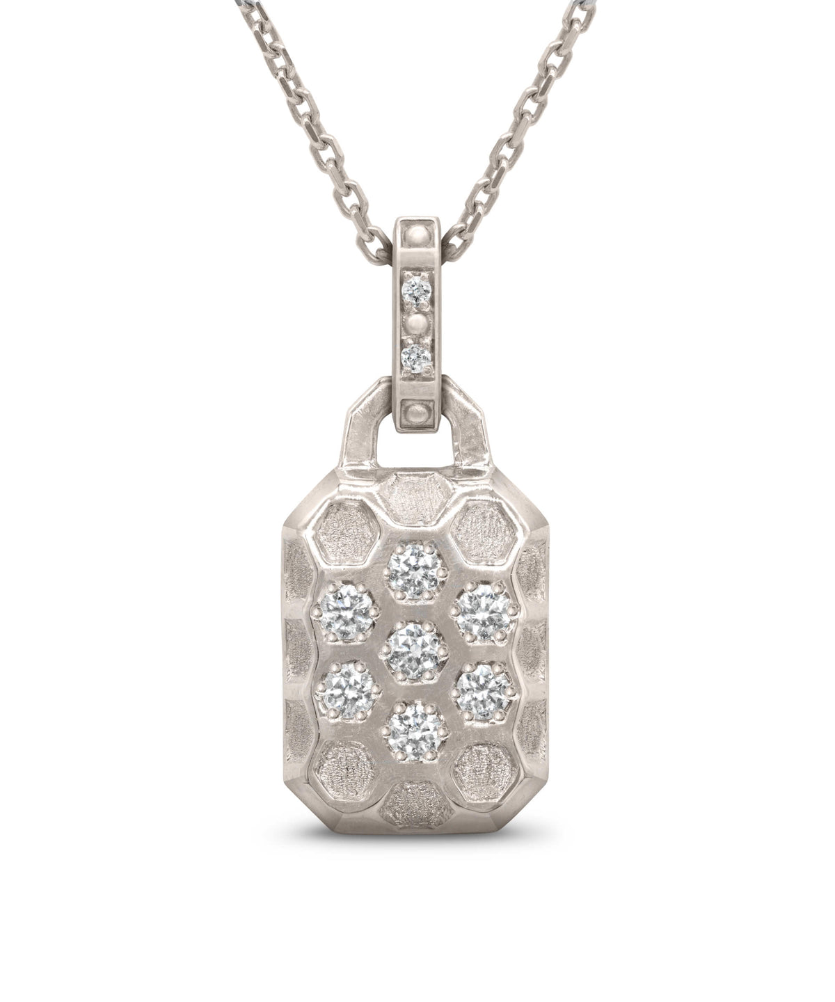AMULETHA symbolic luxury jewelry gifting - Honeycomb Amulet - white gold with diamonds - front