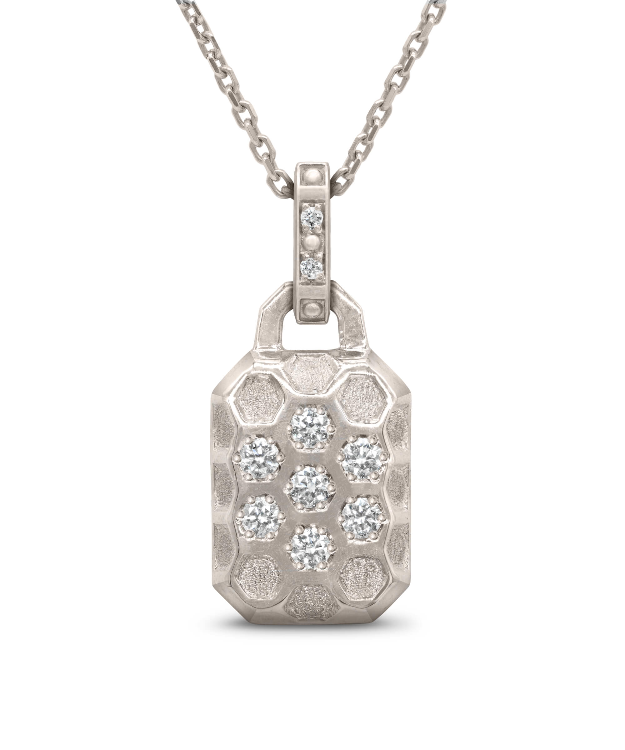 AMULETHA symbolic luxury jewelry gifting - Honeycomb Amulet - white gold with diamonds - front