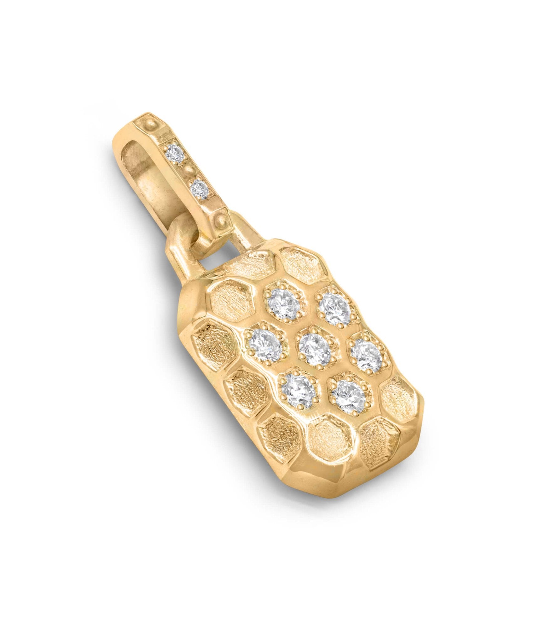 AMULETHA symbolic luxury jewelry gifting - Honeycomb Amulet - yellow gold with diamonds - side front