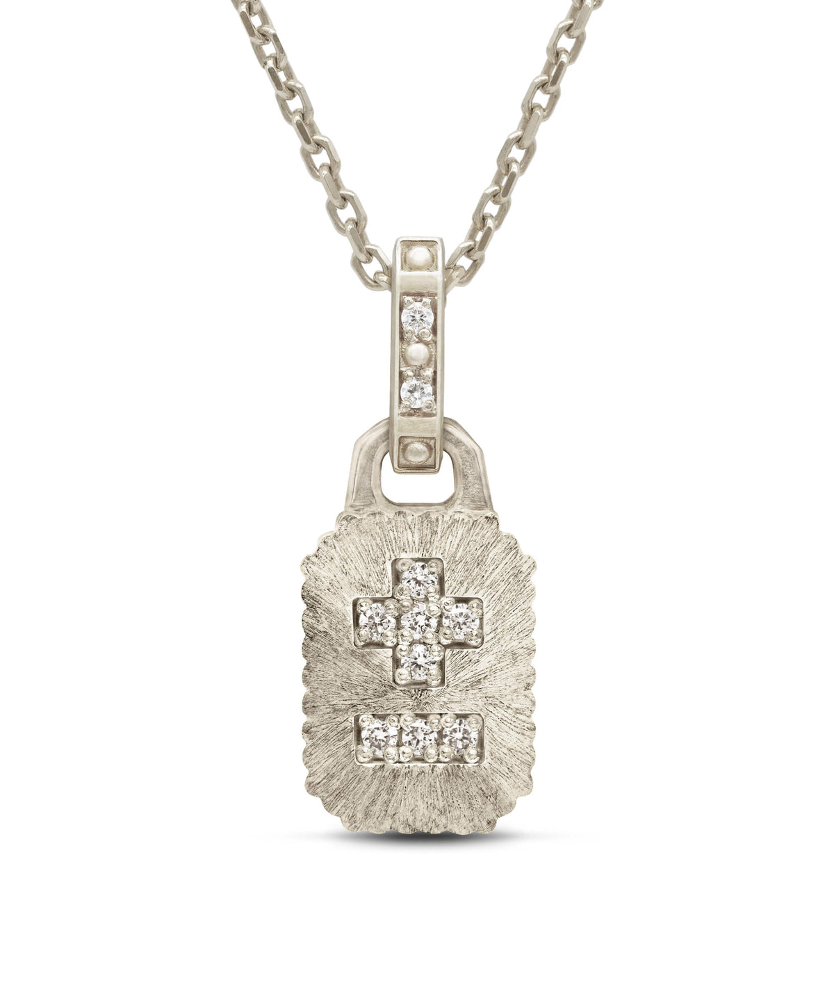 AMULETHA symbolic luxury jewelry gifting - Qu'Hier Que Demain Mini Amulet - white gold with diamonds - front
