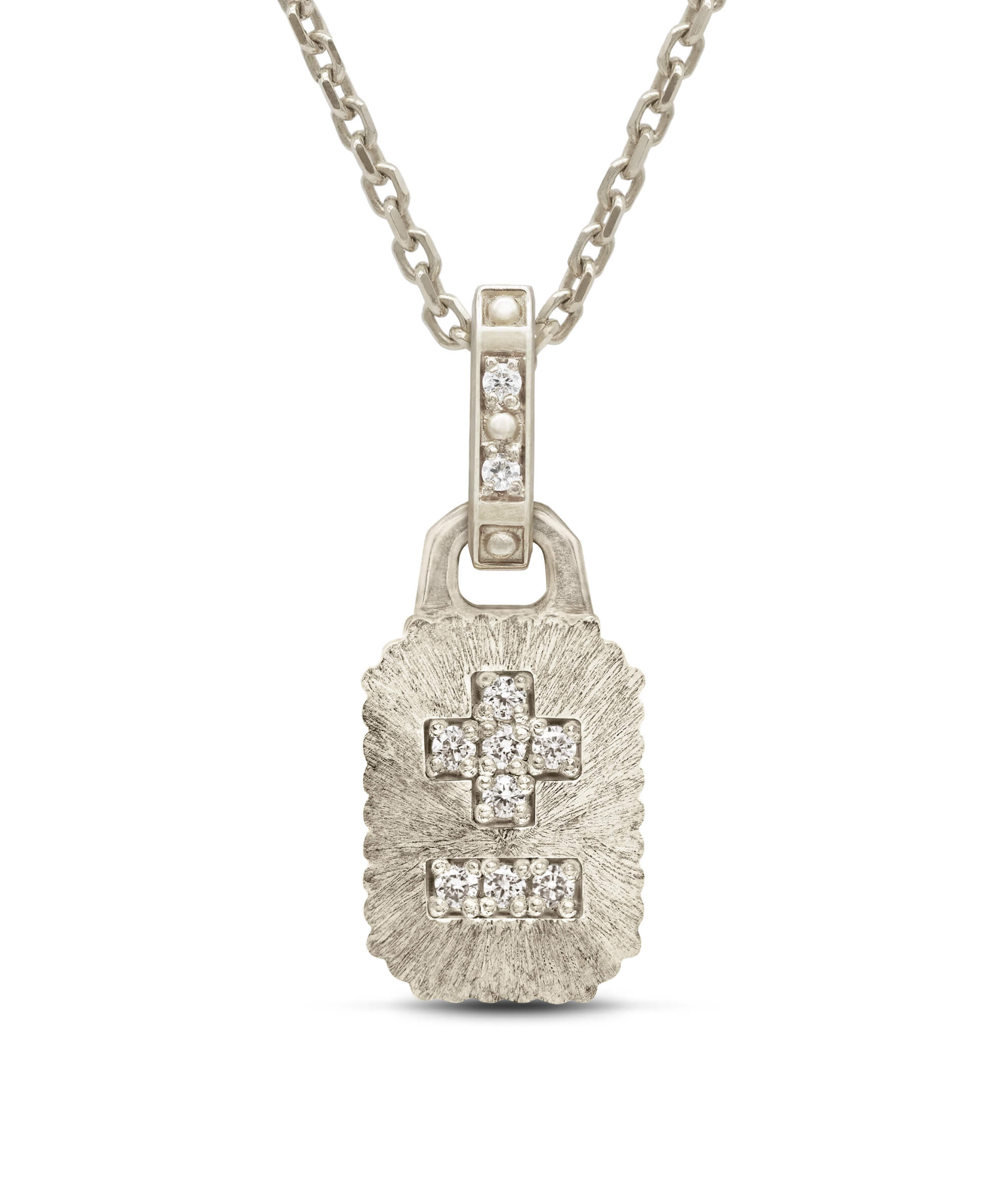 AMULETHA symbolic luxury jewelry gifting - Qu'Hier Que Demain Mini Amulet - white gold with diamonds - front

